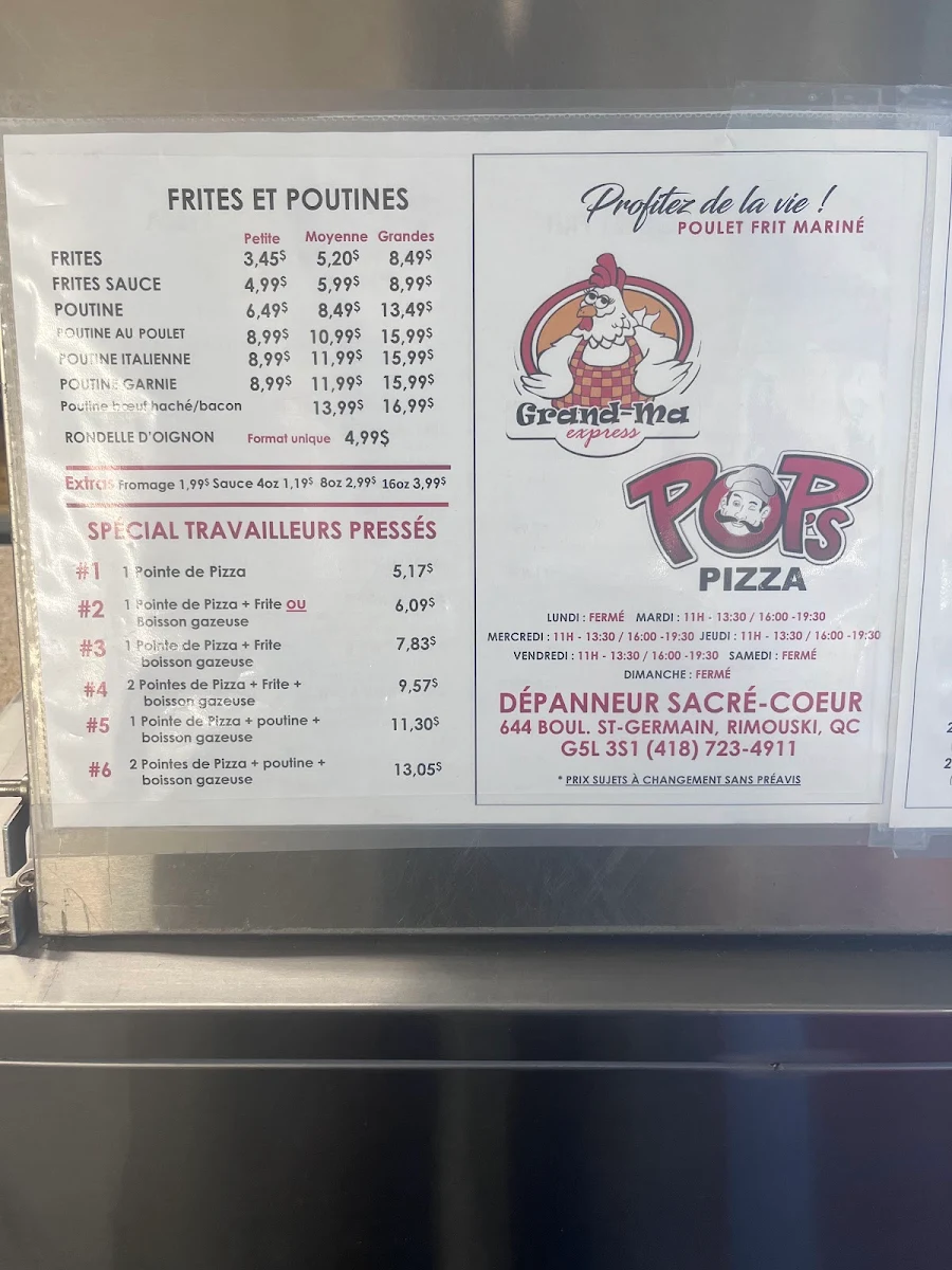 Menu, Poulet Frit Grand-Ma Express / Pop's Pizza