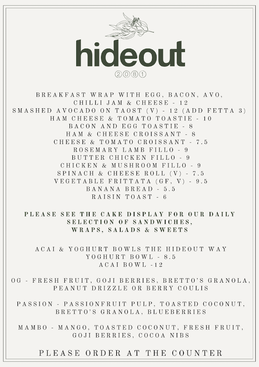 Menu, Hideout 2081