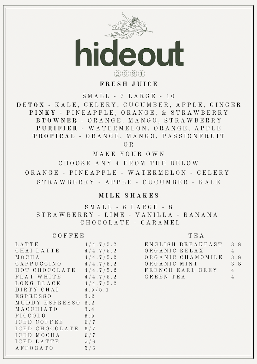 Menu, Hideout 2081