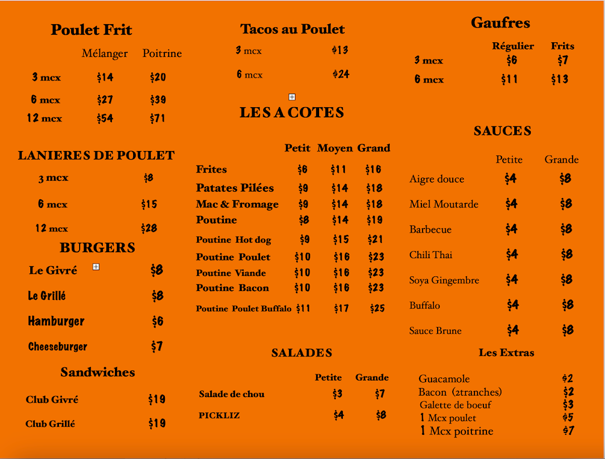 Menu, La Poule Givrée