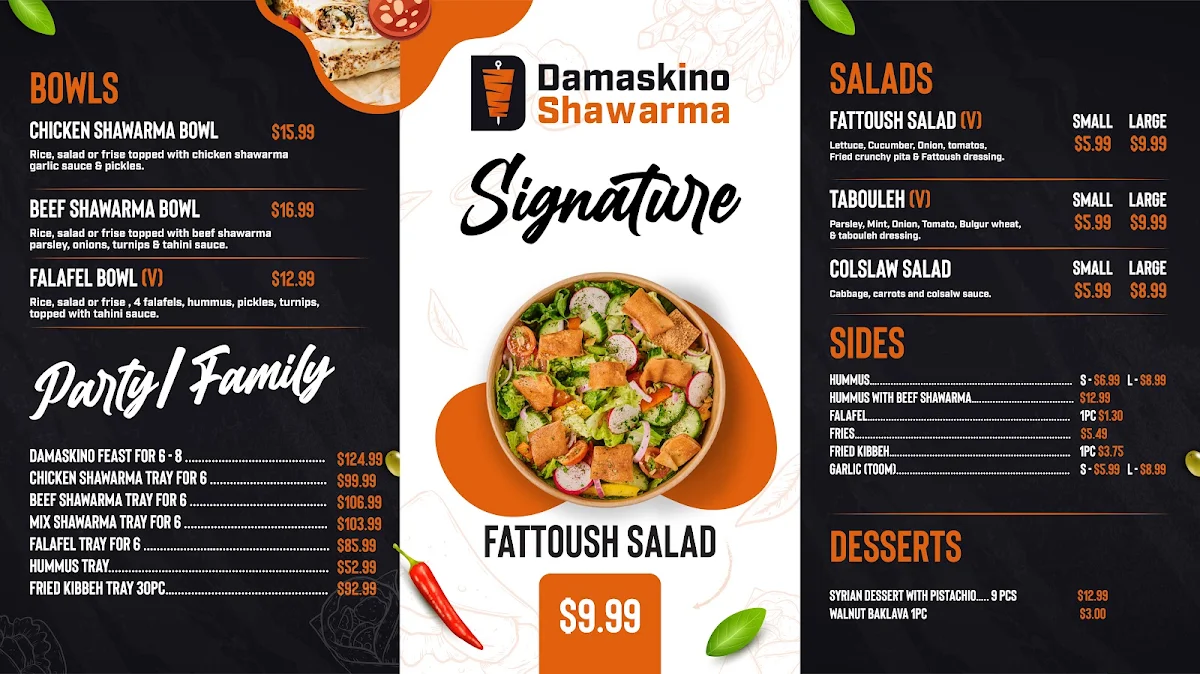 Menu, Damaskino Shawarma