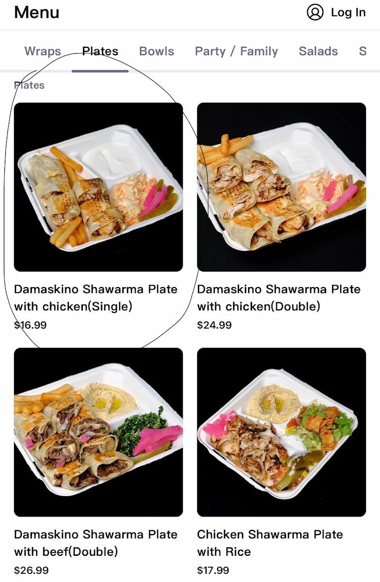 Menu, Damaskino Shawarma