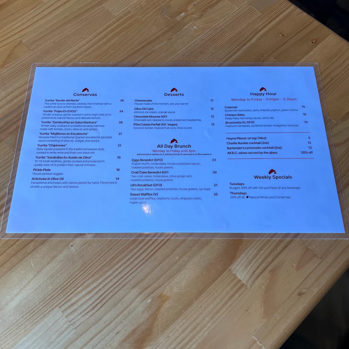 Menu, Uli's Restaurant