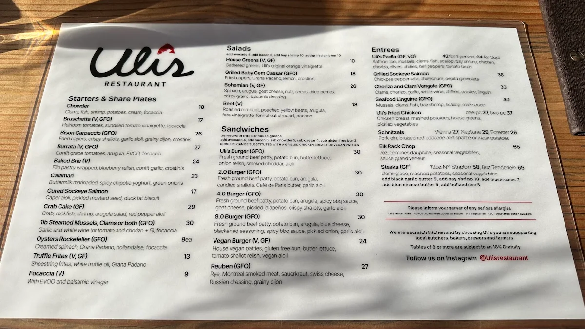 Menu, Uli's Restaurant