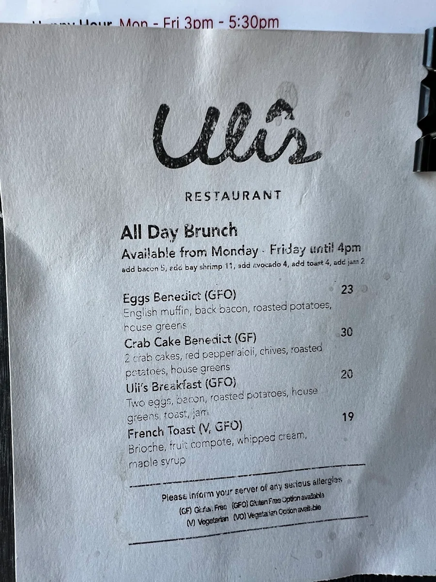 Menu, Uli's Restaurant