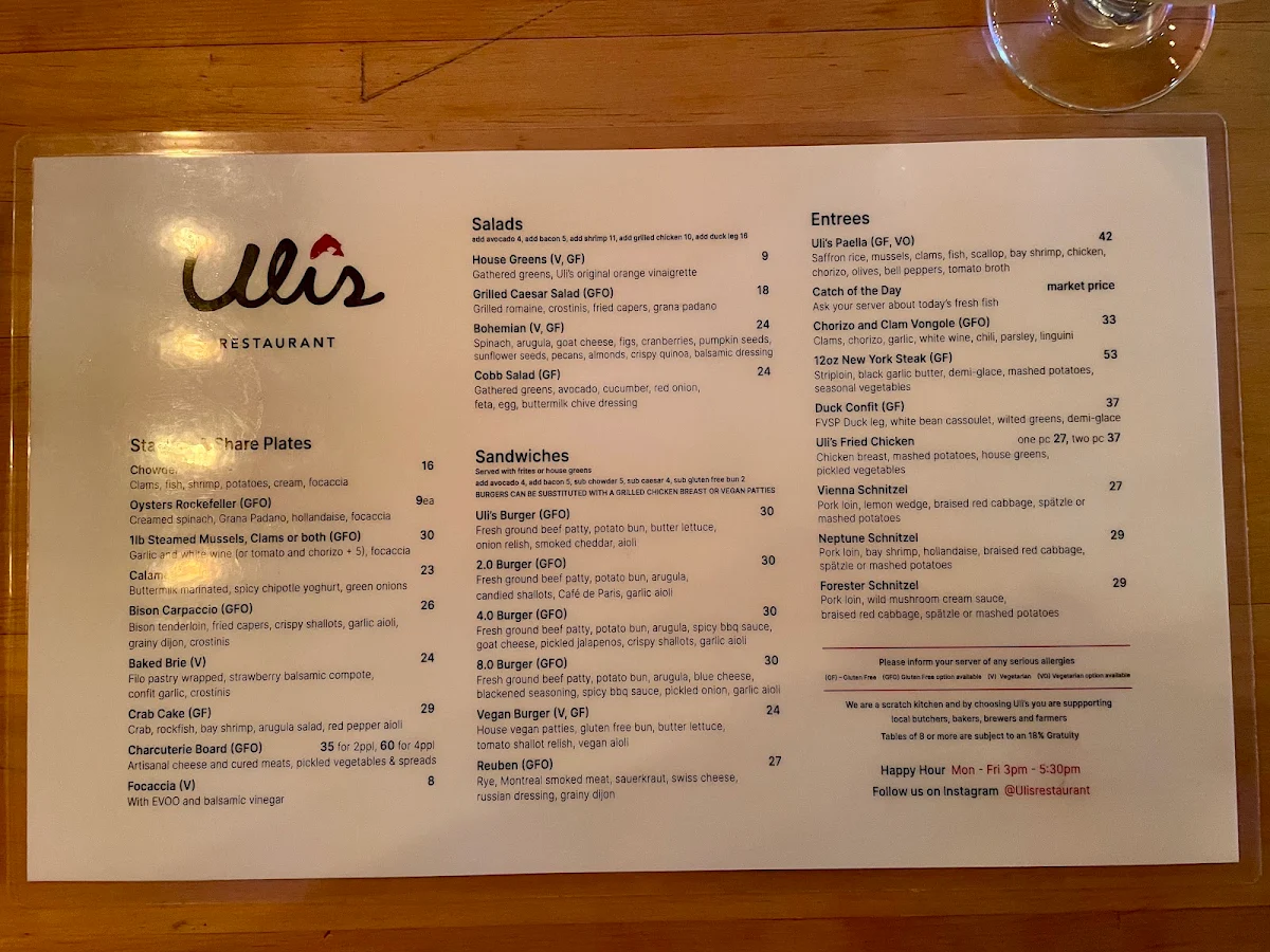 Menu, Uli's Restaurant