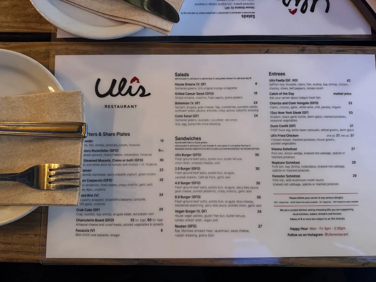 Menu, Uli's Restaurant
