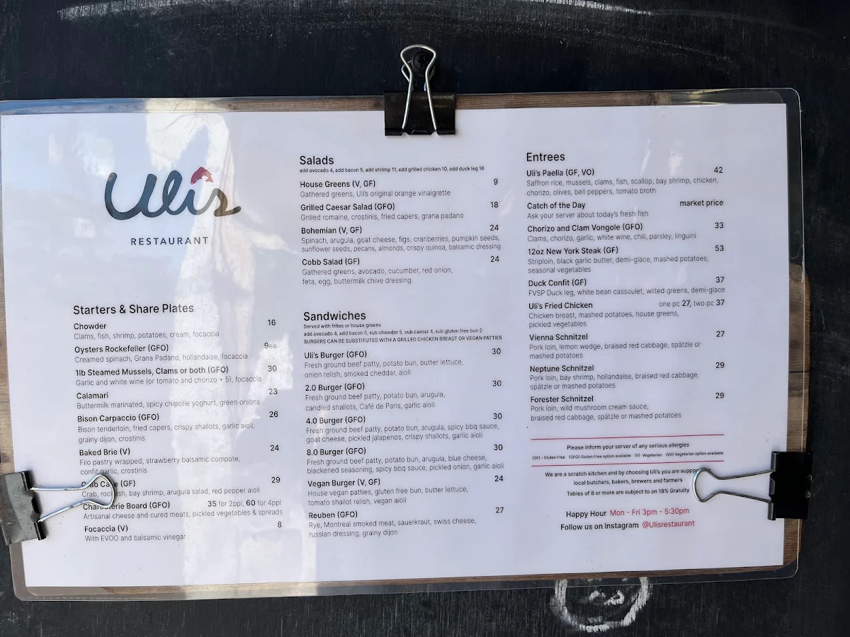 Menu, Uli's Restaurant