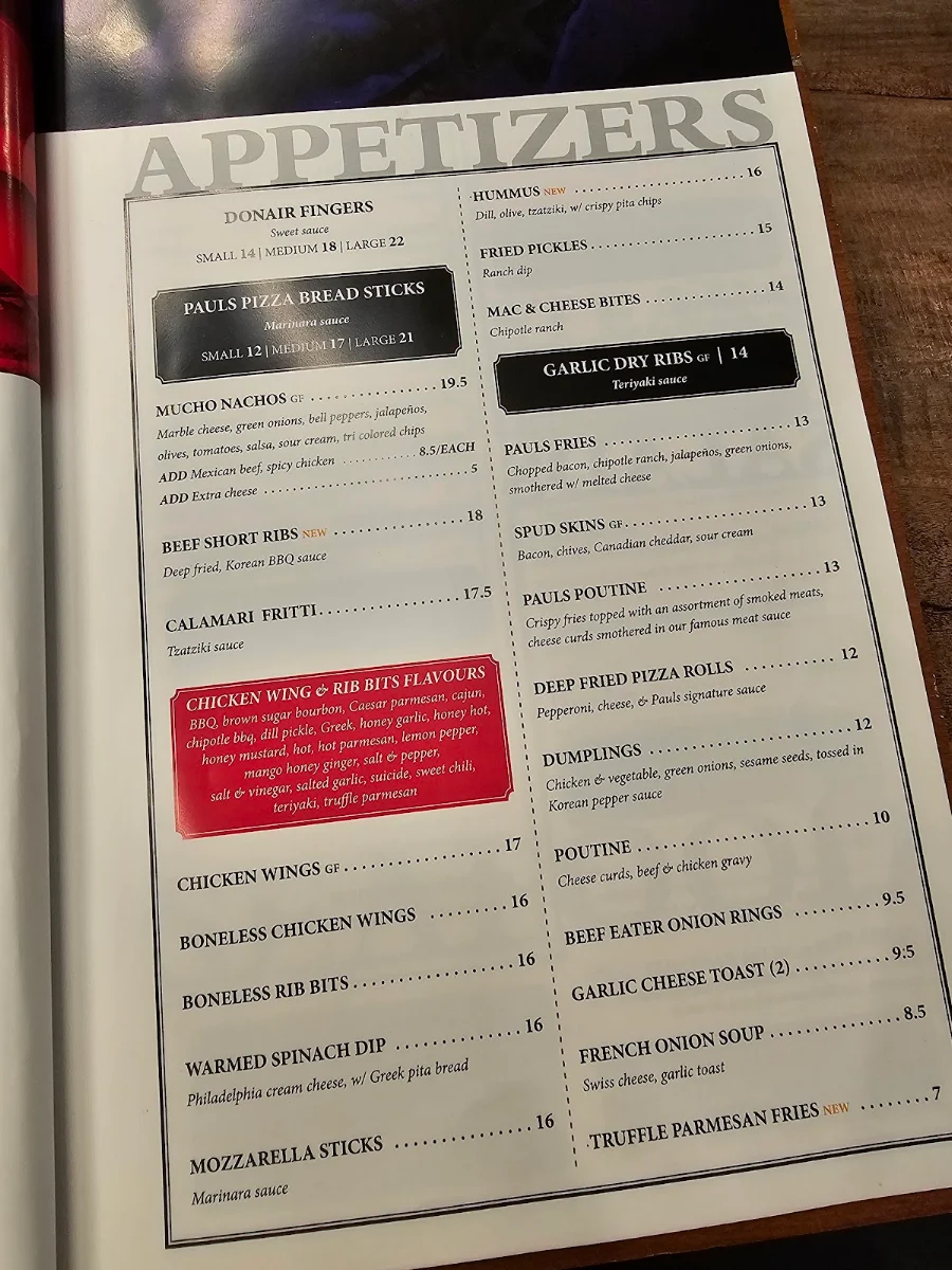 Menu, Pauls Pizza Airdrie