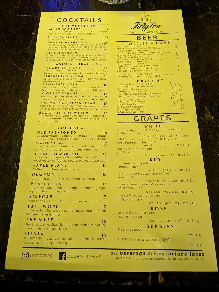 Menu, Door FiftyFive
