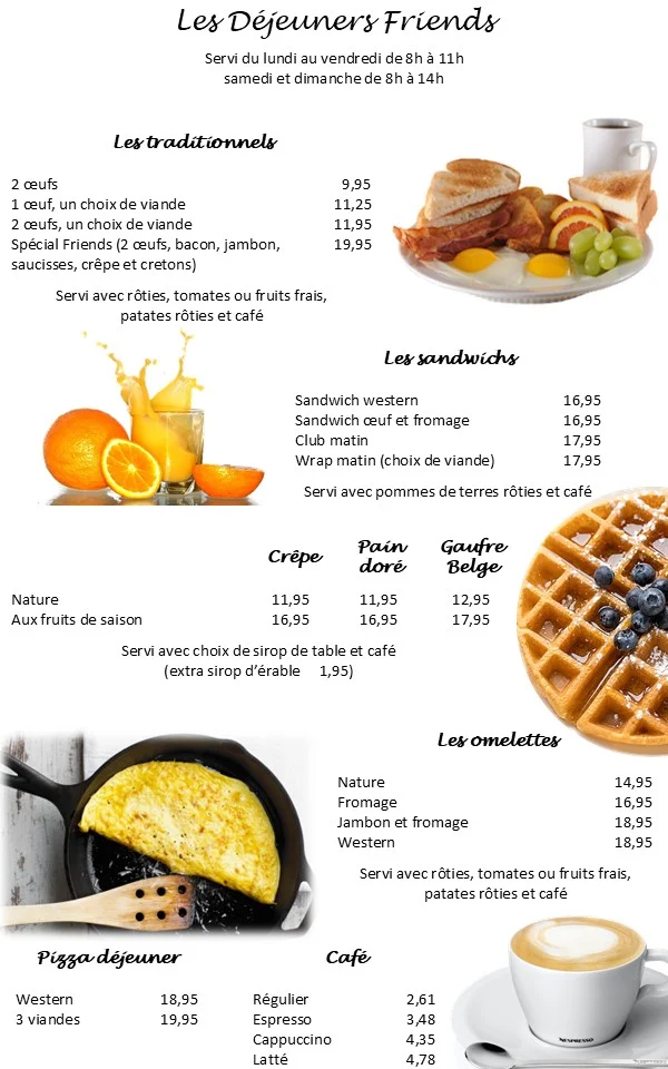 Menu, Resto Bar Et Grill Friends Inc.