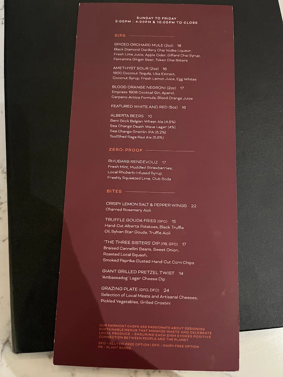 Menu, Confederation Lounge & Patio