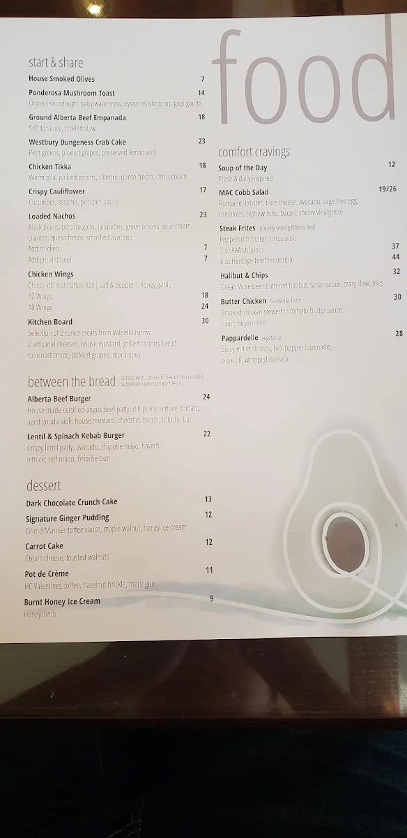 Menu, Confederation Lounge & Patio