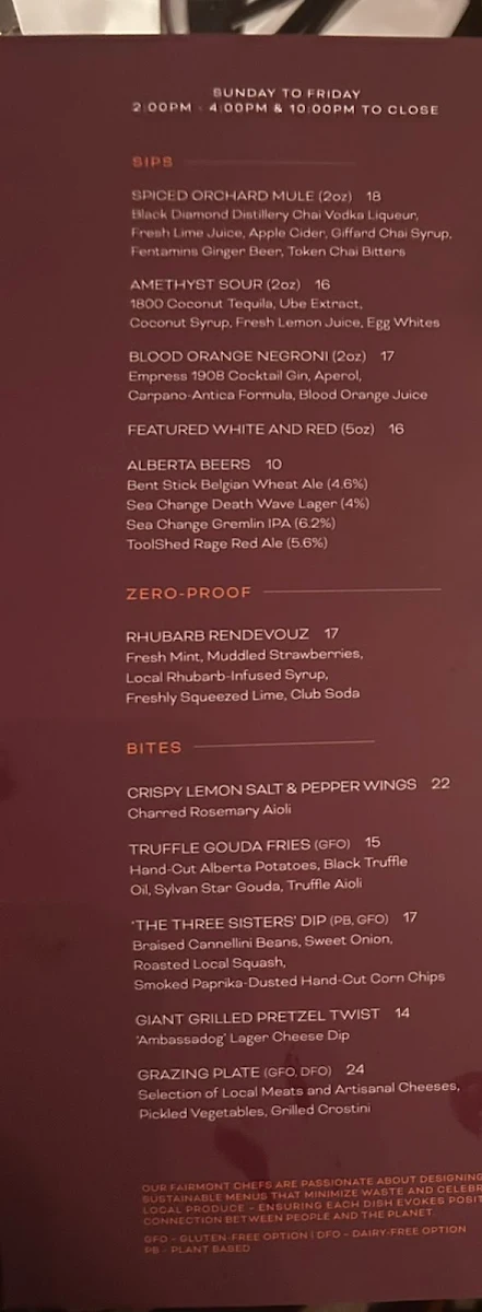 Menu, Confederation Lounge & Patio