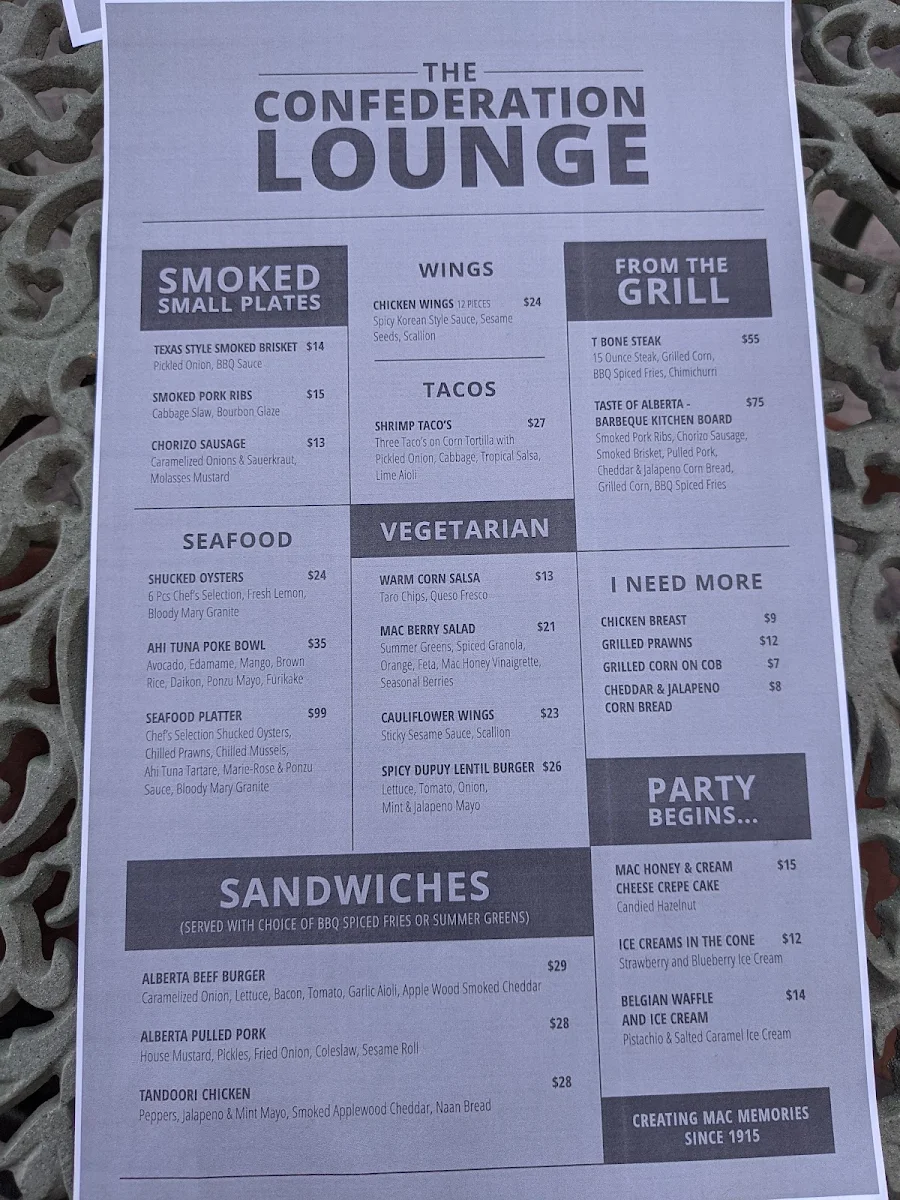 Menu, Confederation Lounge & Patio