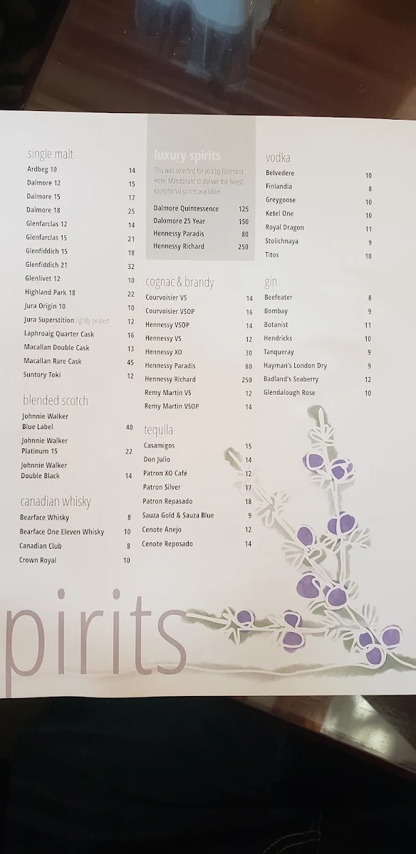 Menu, Confederation Lounge & Patio
