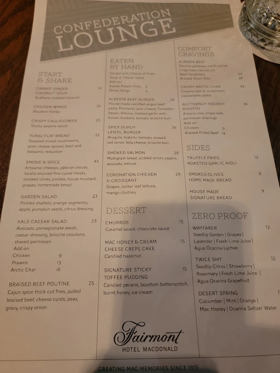 Menu, Confederation Lounge & Patio
