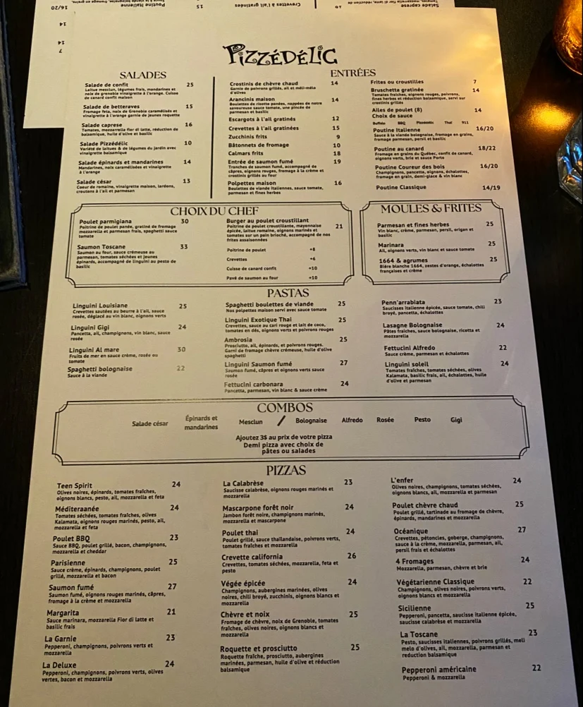 Menu, Pizzédélic