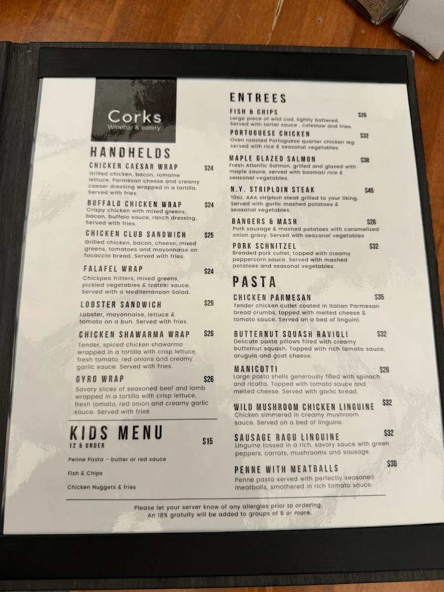Menu, Corks Wine Bar & Eatery
