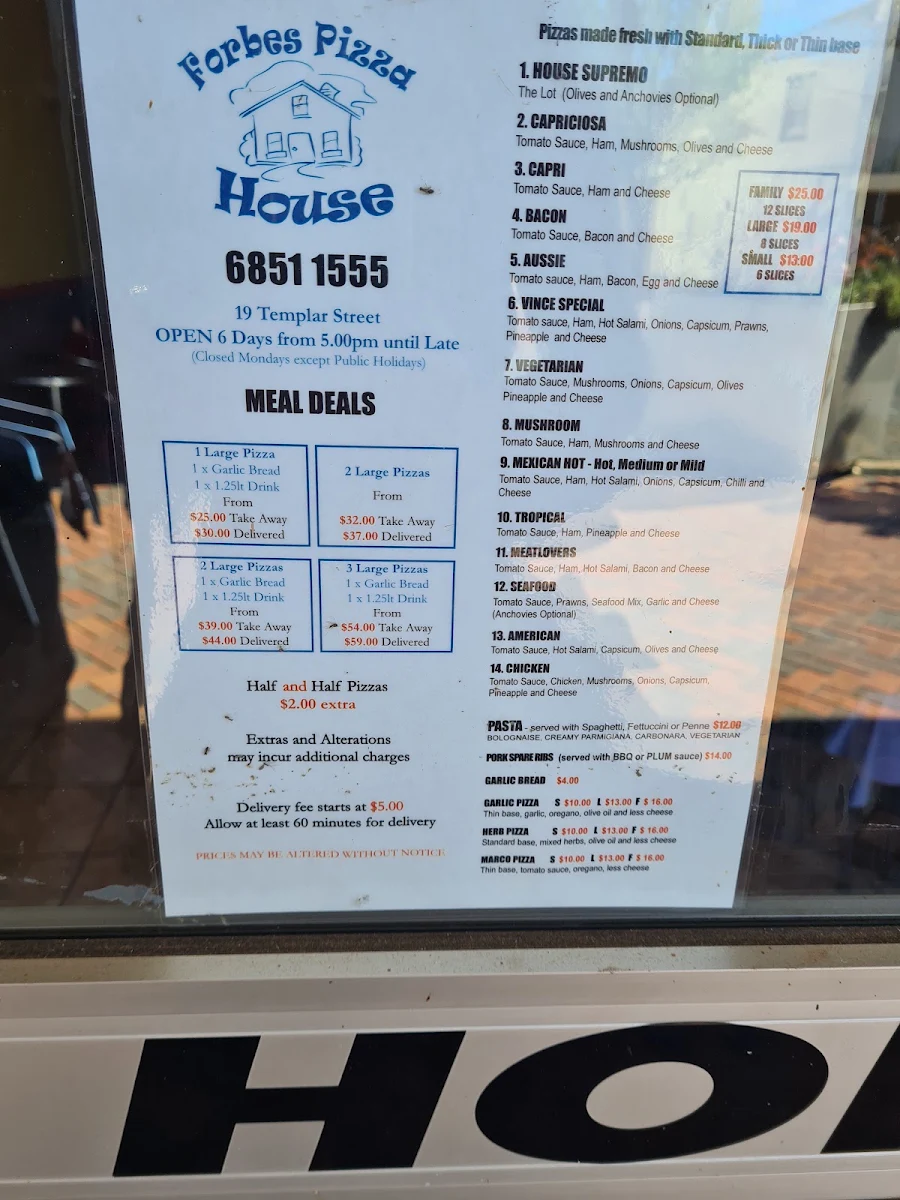 Menu, Forbes Pizza House