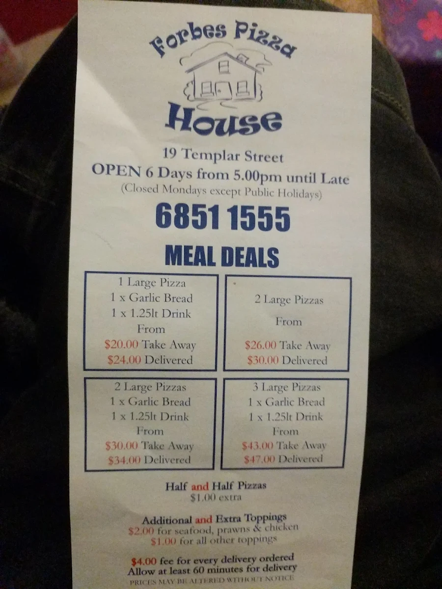Menu, Forbes Pizza House