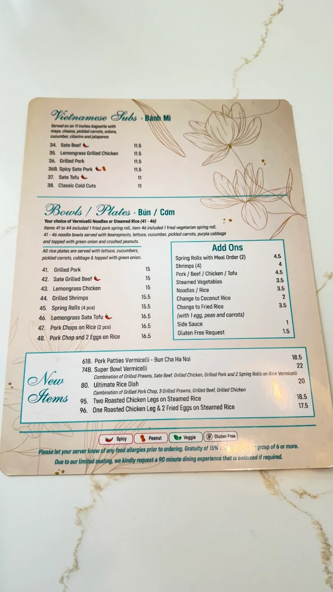 Menu, BLOOM VIETNAMESE BISTRO