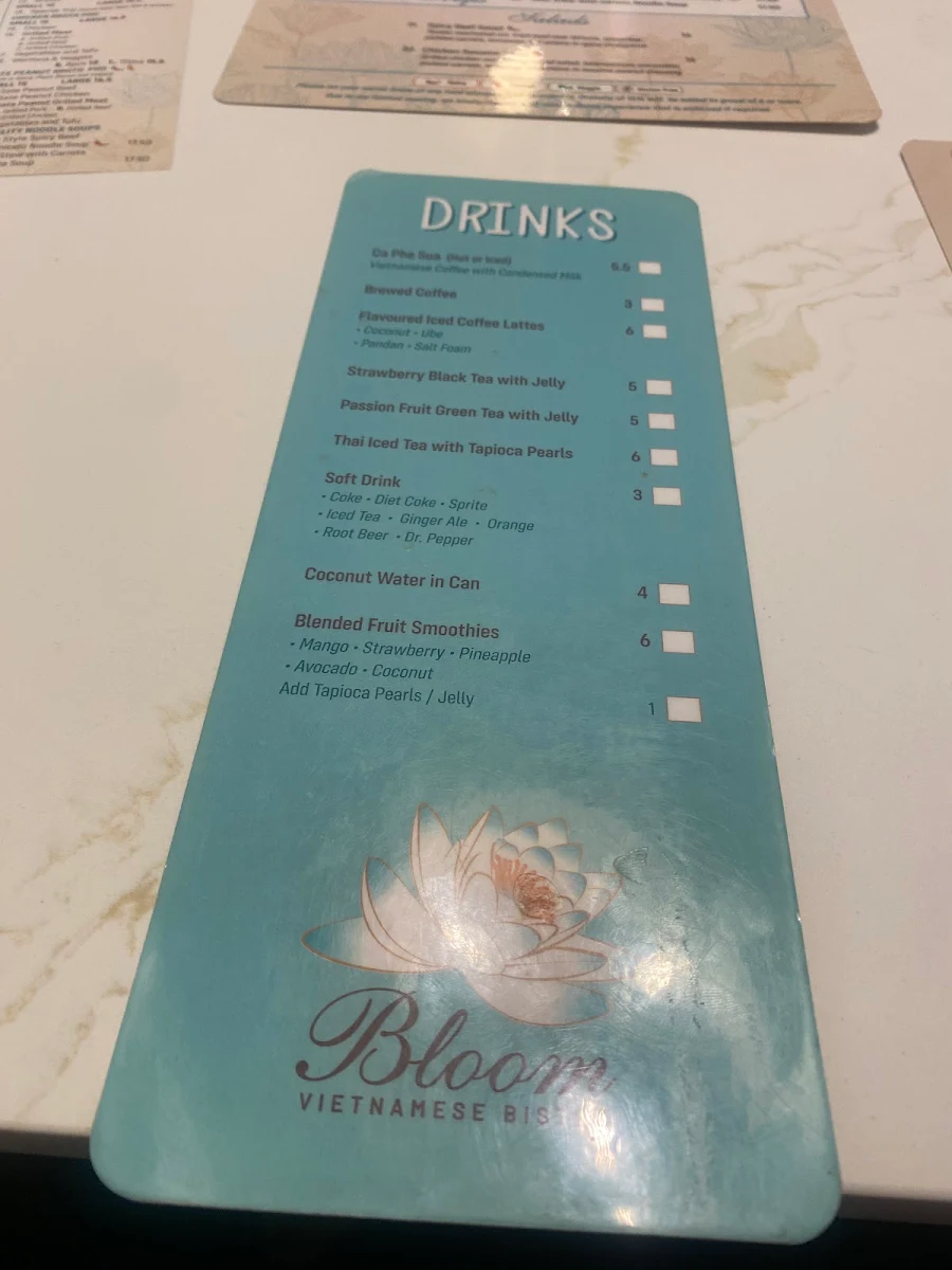 Menu, BLOOM VIETNAMESE BISTRO