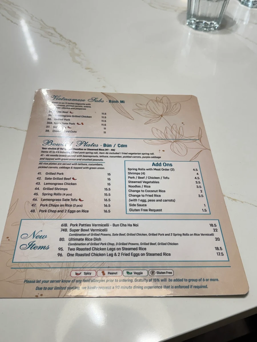 Menu, BLOOM VIETNAMESE BISTRO