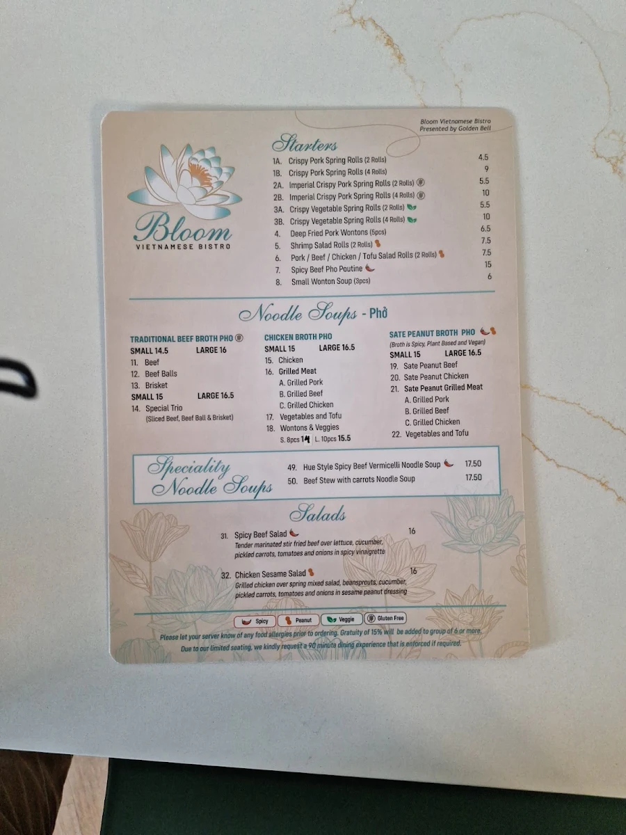 Menu, BLOOM VIETNAMESE BISTRO