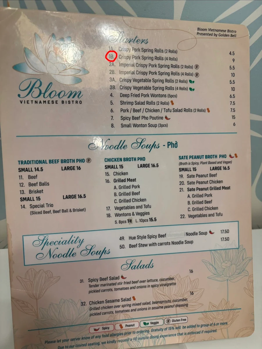 Menu, BLOOM VIETNAMESE BISTRO