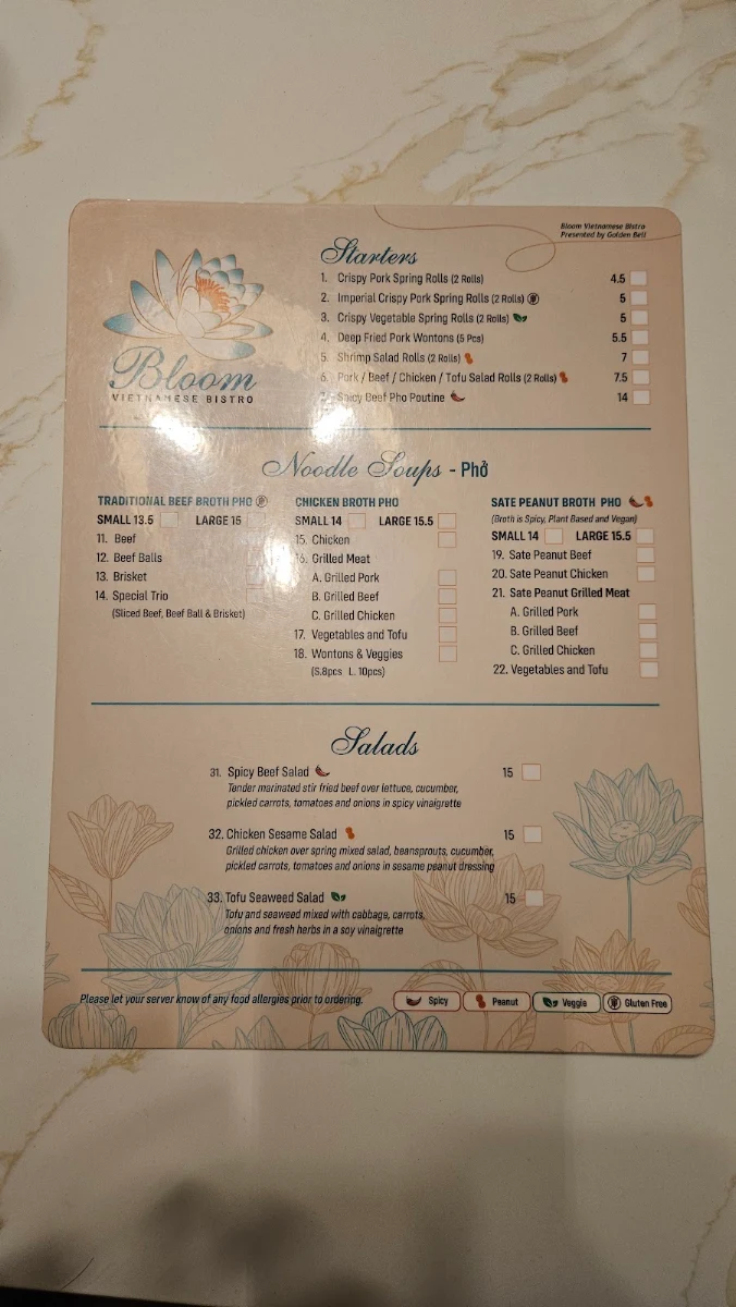 Menu, BLOOM VIETNAMESE BISTRO