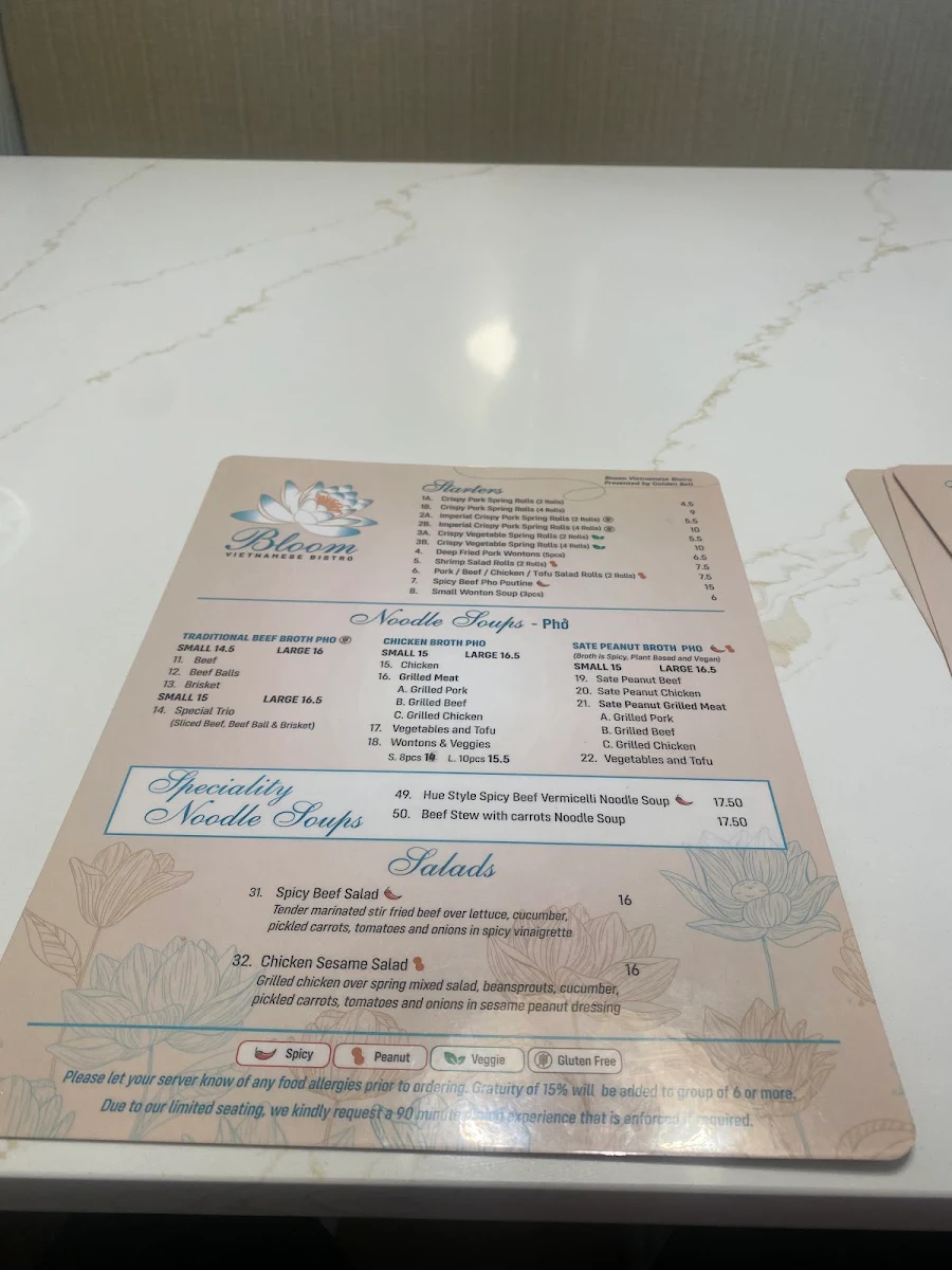 Menu, BLOOM VIETNAMESE BISTRO