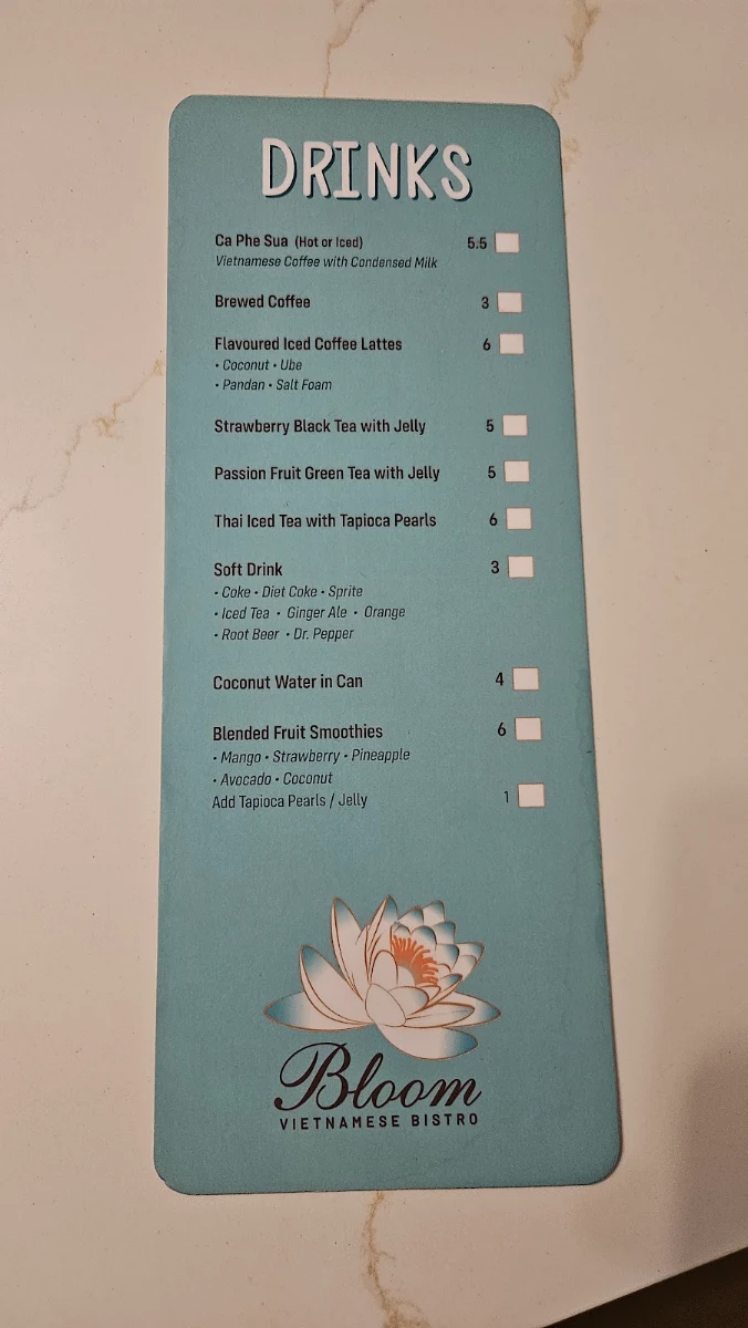 Menu, BLOOM VIETNAMESE BISTRO