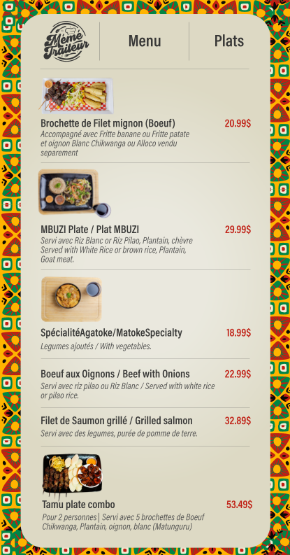 Menu, Meme traiteur Restaurant