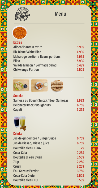 Menu, Meme traiteur Restaurant