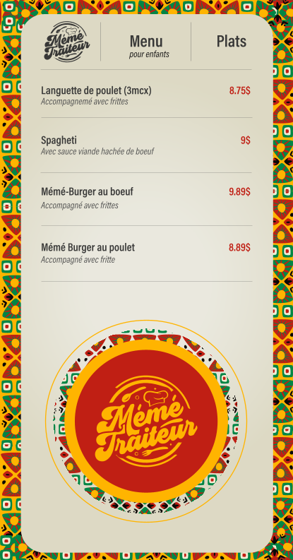 Menu, Meme traiteur Restaurant