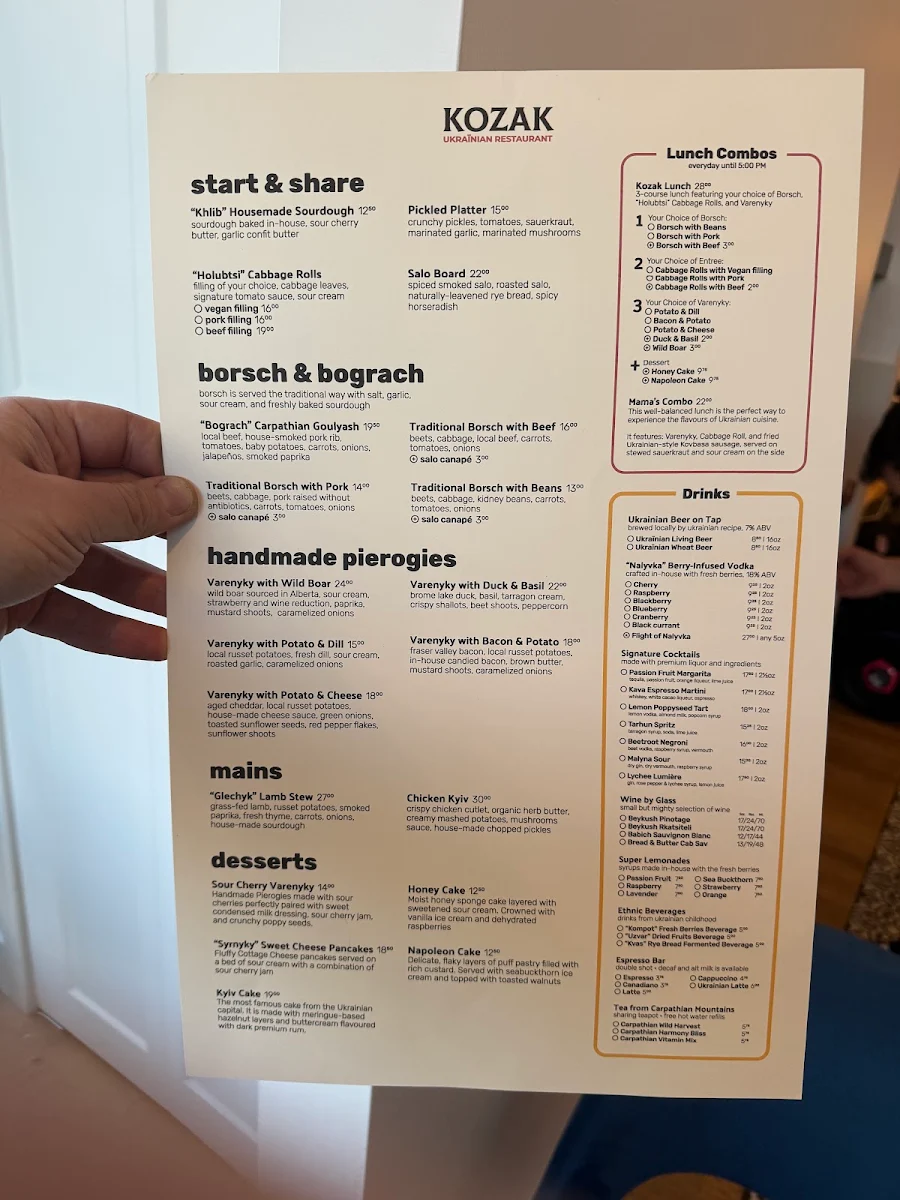 Menu, Kozak Ukrainian Restaurant