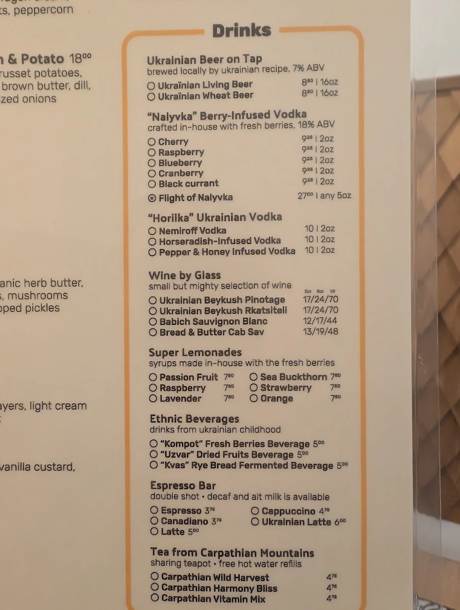 Menu, Kozak Ukrainian Restaurant
