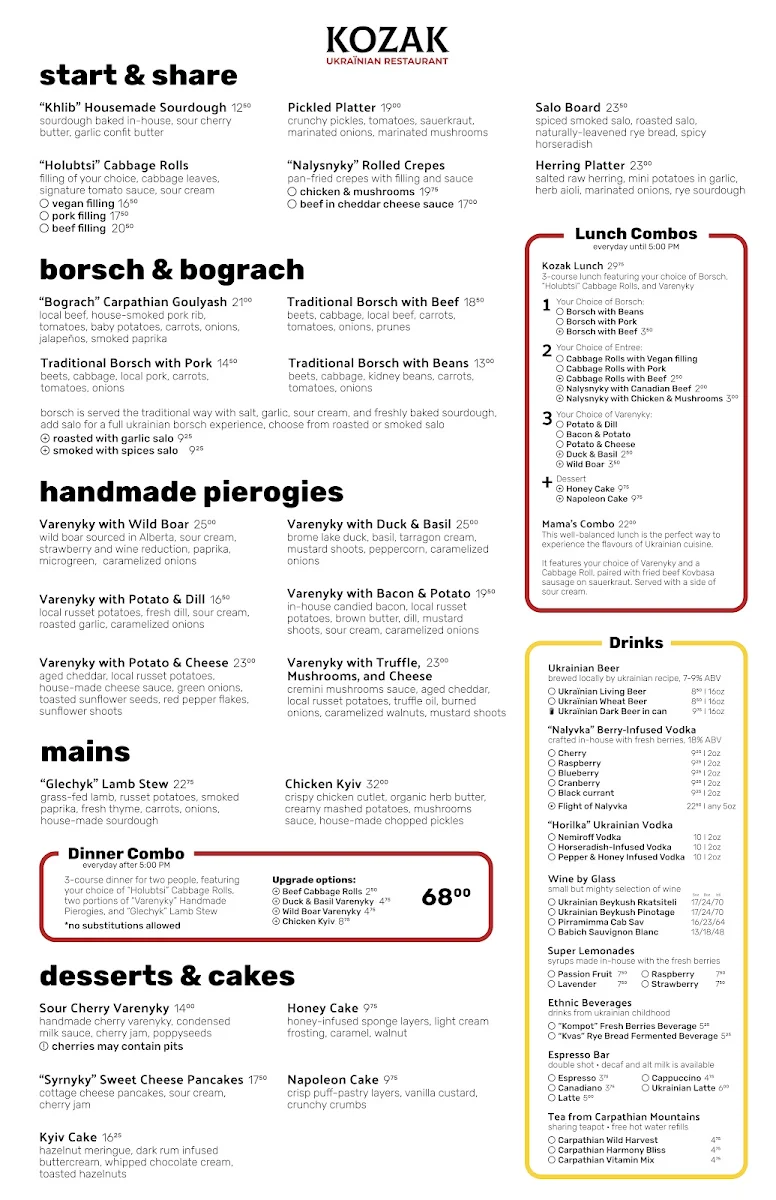 Menu, Kozak Ukrainian Restaurant