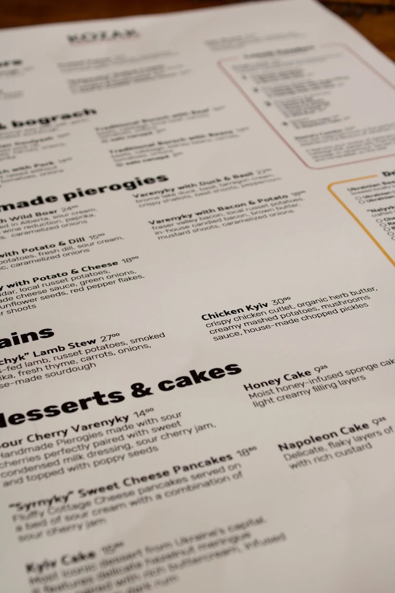 Menu, Kozak Ukrainian Restaurant