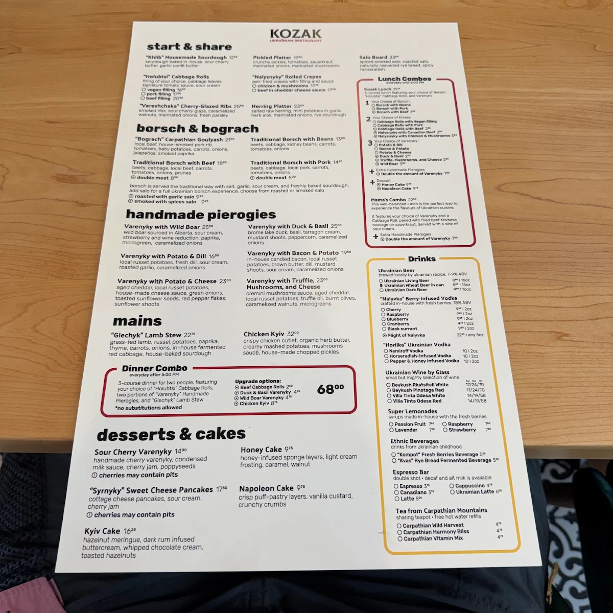 Menu, Kozak Ukrainian Restaurant