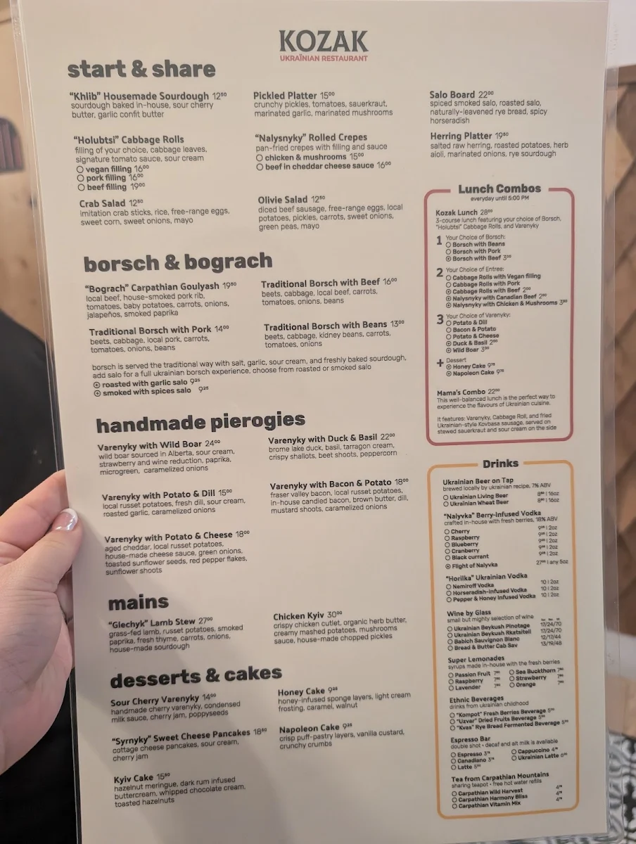 Menu, Kozak Ukrainian Restaurant