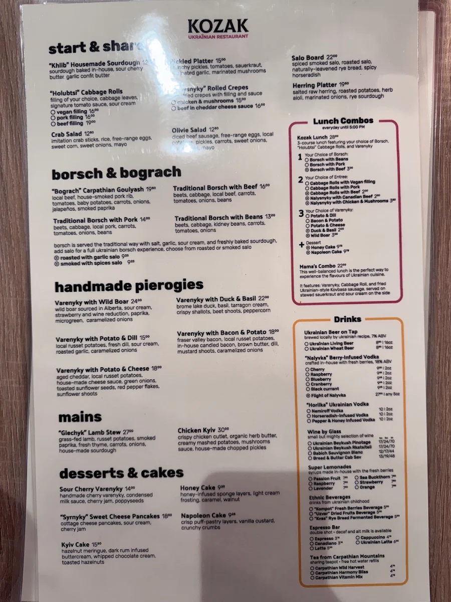 Menu, Kozak Ukrainian Restaurant
