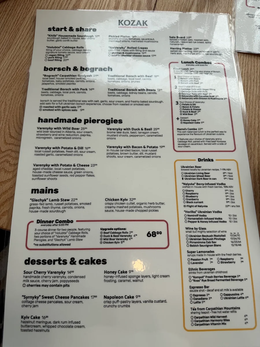 Menu, Kozak Ukrainian Restaurant