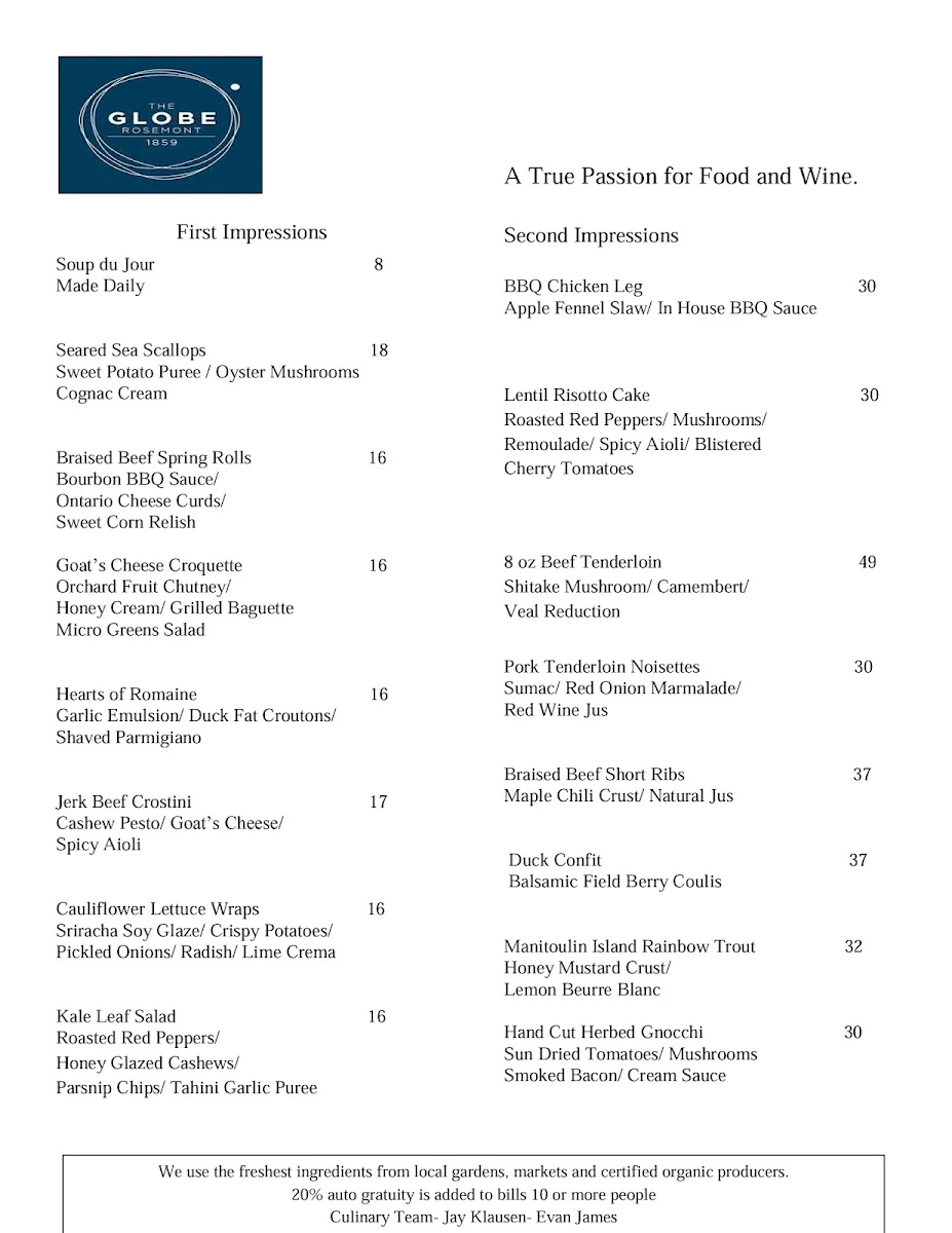Menu, The Globe Restaurant