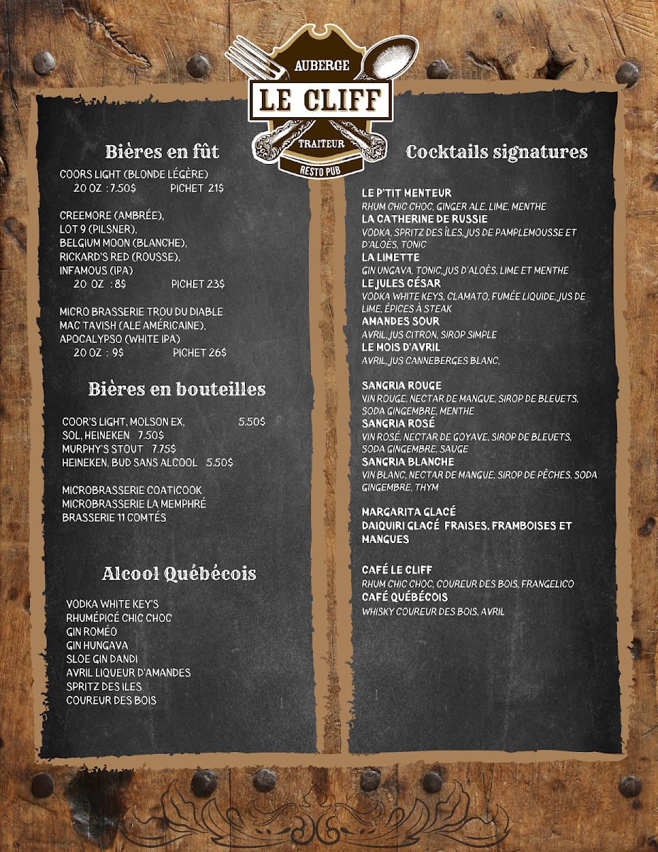 Menu, Auberge Ayer's Cliff