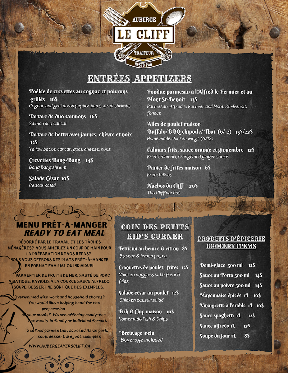 Menu, Auberge Ayer's Cliff