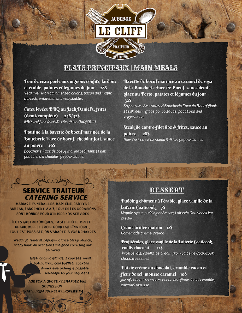 Menu, Auberge Ayer's Cliff