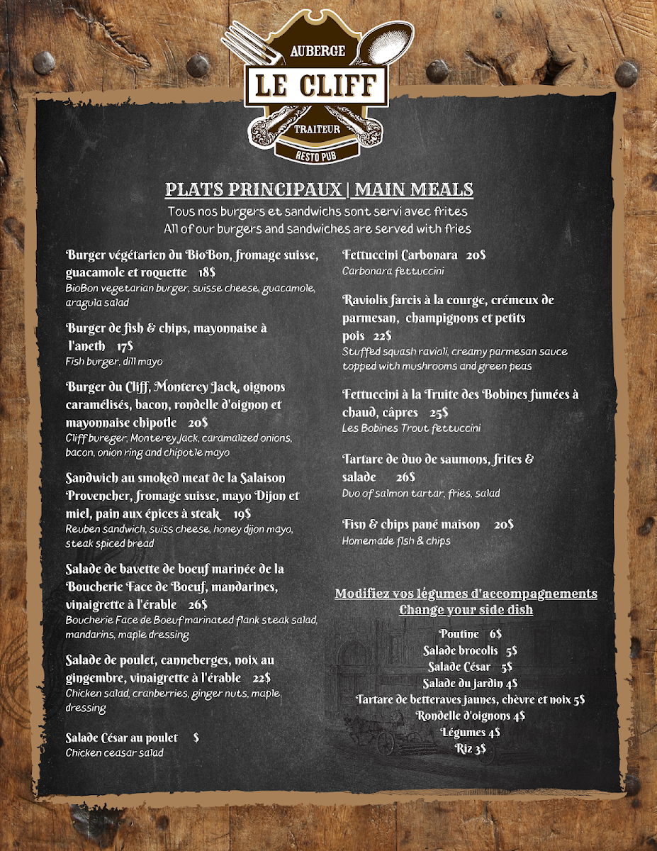 Menu, Auberge Ayer's Cliff