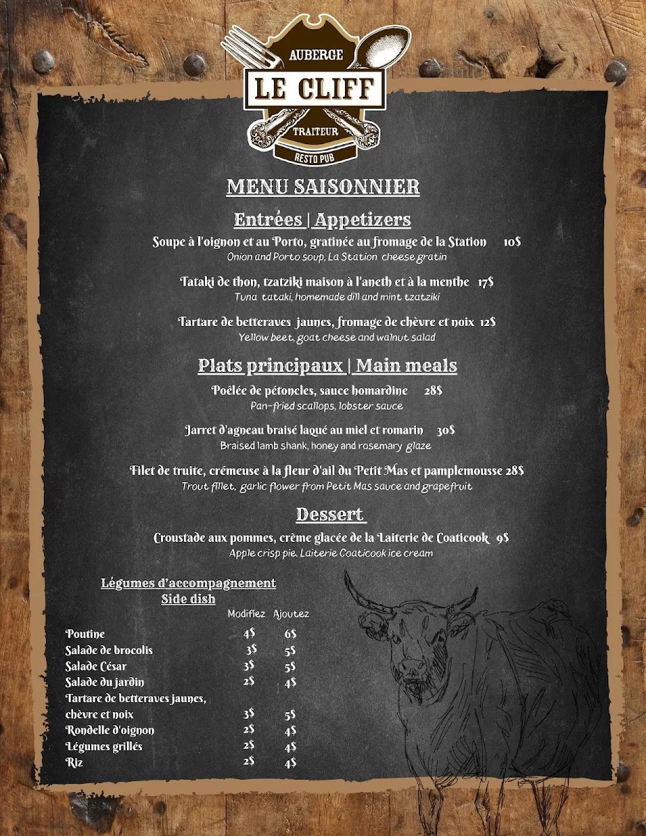 Menu, Auberge Ayer's Cliff